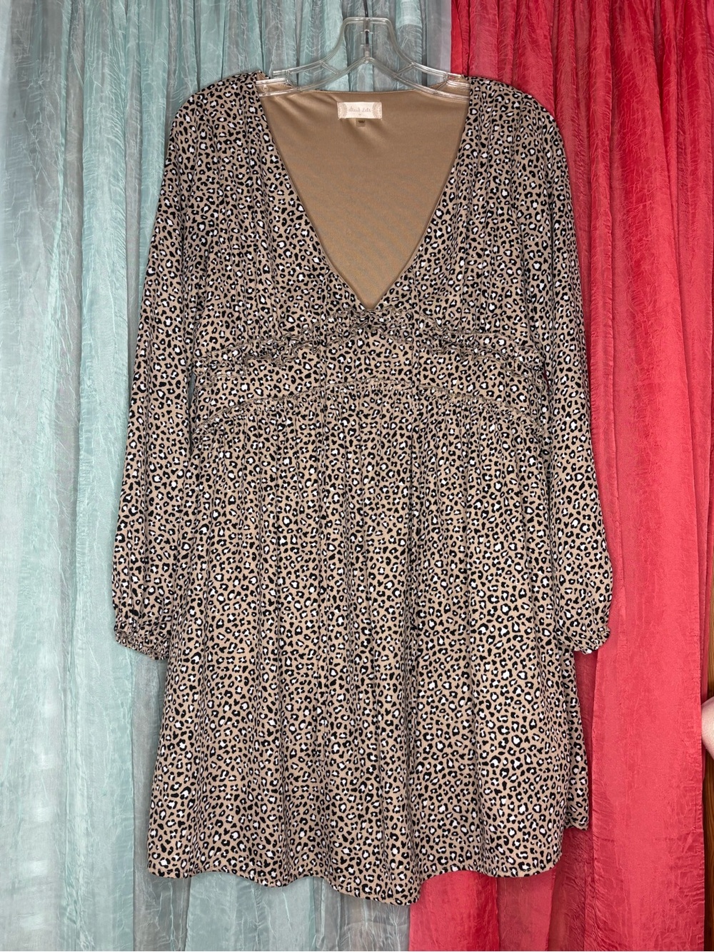 Altar'd State Beige and Black Leopard Print V-Neck Long Sleeve Dress